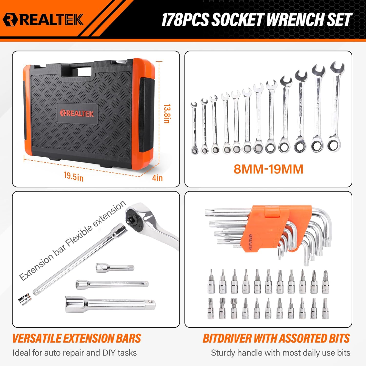 REALTEK 178 Pieces Socket Wrench Set 1/4"3/8"1/2",CR-V Metric Wrench Set with Extension Bar,Quick-Release Ratchet Wrench with Bit Socket Set for Auto Repairing,Household and Workshop,Durable Tool Box