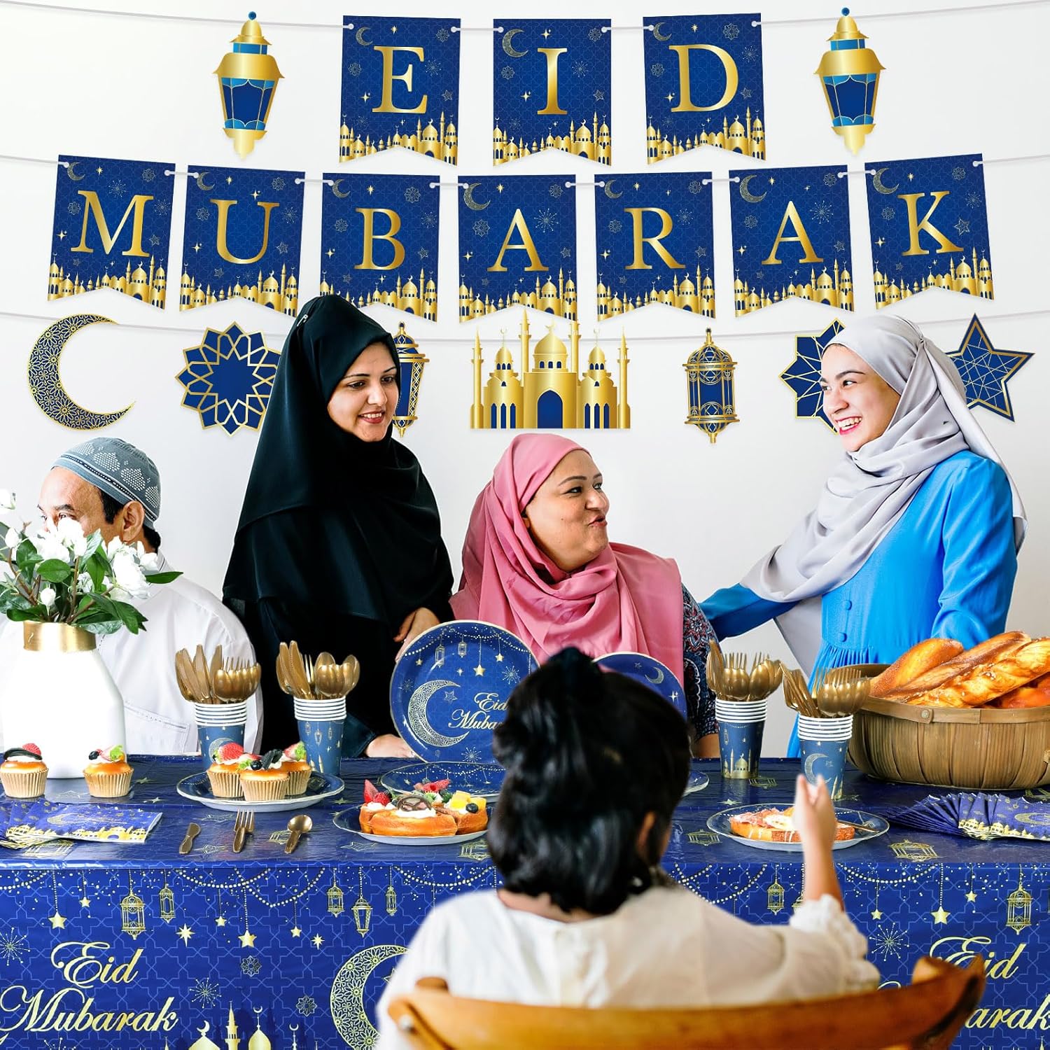 Nuanchu 172 Pcs Eid Mubarak Party Decorations Ramadan Kareem Party Supplies 9" Plates 7" Plates Cups Cutlery Napkins 2 Tablecloths 2 Eid Mubarak Banner for Muslim Islamic Al Fitr , Serves 24