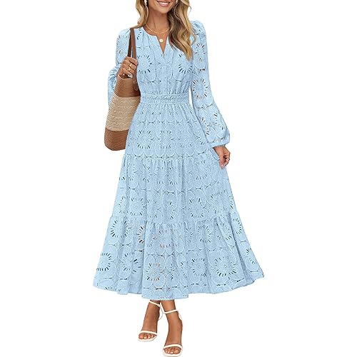 MEROKEETY Women's Fall Long Sleeve Floral Maxi Dress Lace Eyelet Hollow Out Tiered Boho Wedding Guest Dresses Pockets