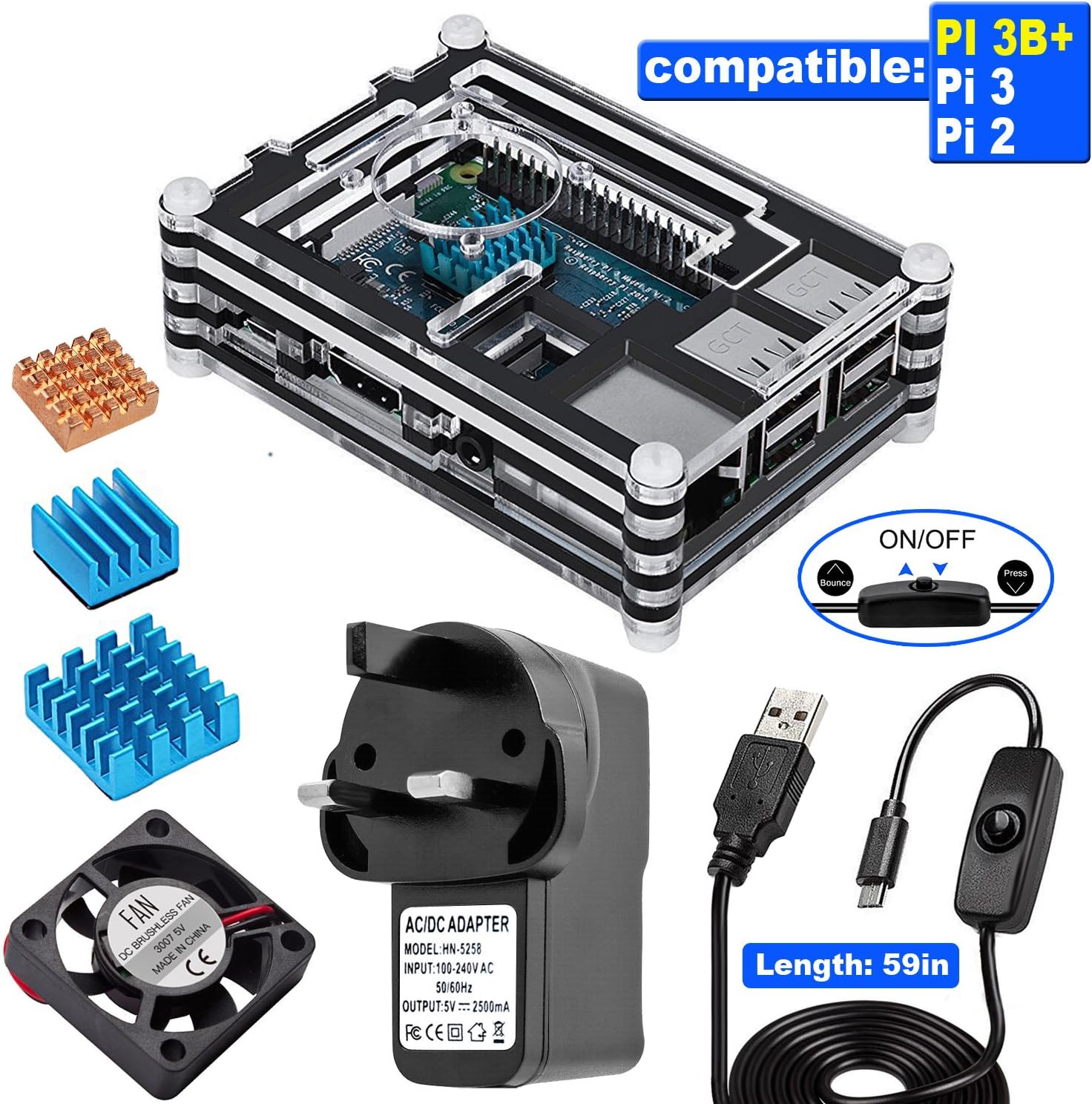 For Raspberry Pi 3 B+ Case with Cooling Fan, 3pcs Heatsinks, 5V/2.5A Power Suply with Micro USB ON/OFF Switch, Screwdriver Widely compatible For Raspberry Pi 2B/3B/3B+, not include Raspberry Pi board