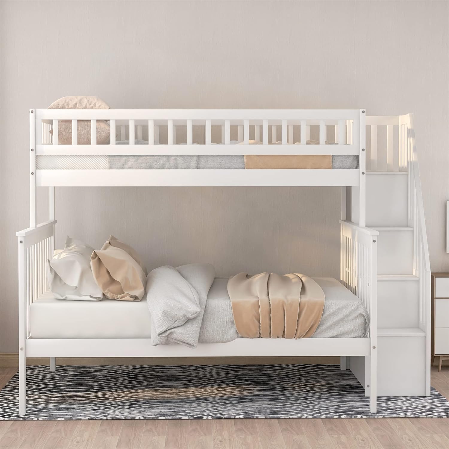 Harper & Bright Designs Twin Over Full Bunk Bed with Storage Stairs, Solid Wood Bunk Bed with Storage Shelves and Full-Length Guardrails for Kids Teens Adults, Space Saving, White