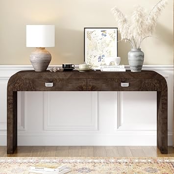 60 Console Table with 2 Large Drawers and Metal Handles,Wooden Entryway Table with Burl Veneer,Multi-Functional Sofa Table with 2 Sturdy Legs,Suitable for Living Room,Foyer,Hallway,Office,Dark Brown