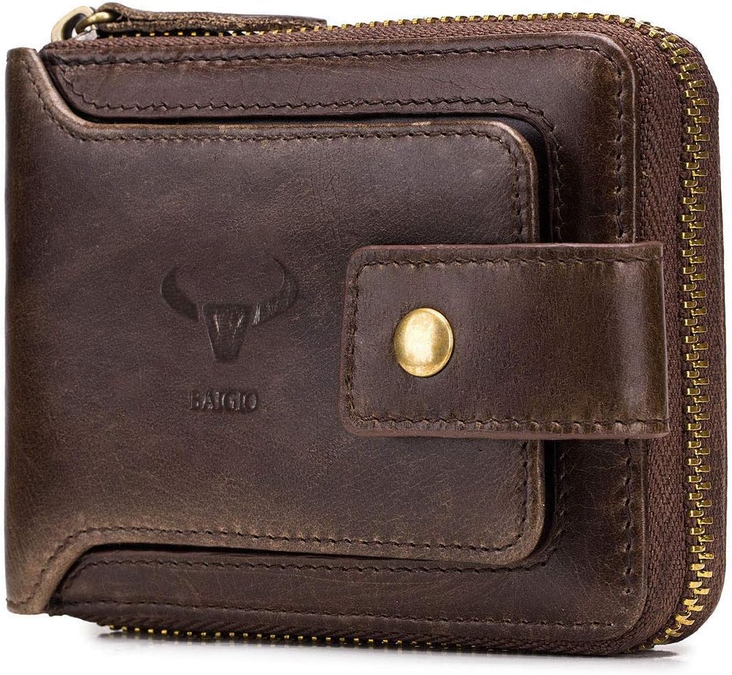 RFID Men Leather Zipper Wallet Zip Around Wallet Bifold Multi Card Holder Purse (Brown)