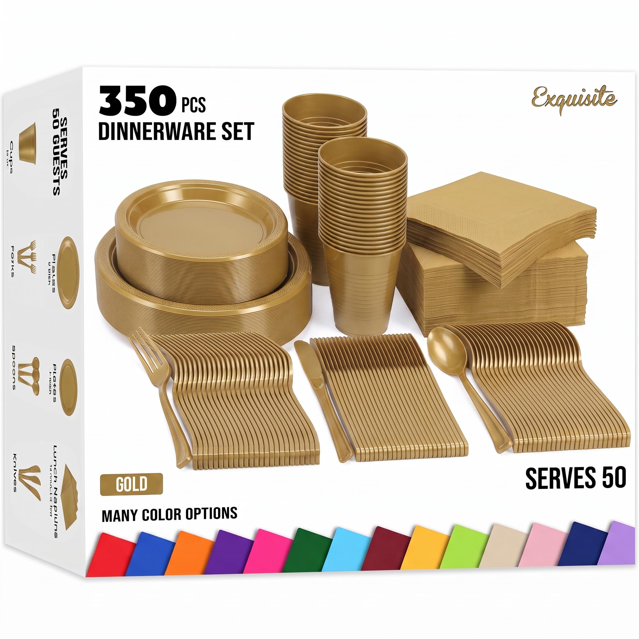 350 Pcs Gold Plastic Plates for Party Gold Disposable Plates Set 50 of Each 9 Dinner Plate Set 7 Dessert Plate Cups Napkins & Cutlery Plastic Dinnerware Set Exquisite