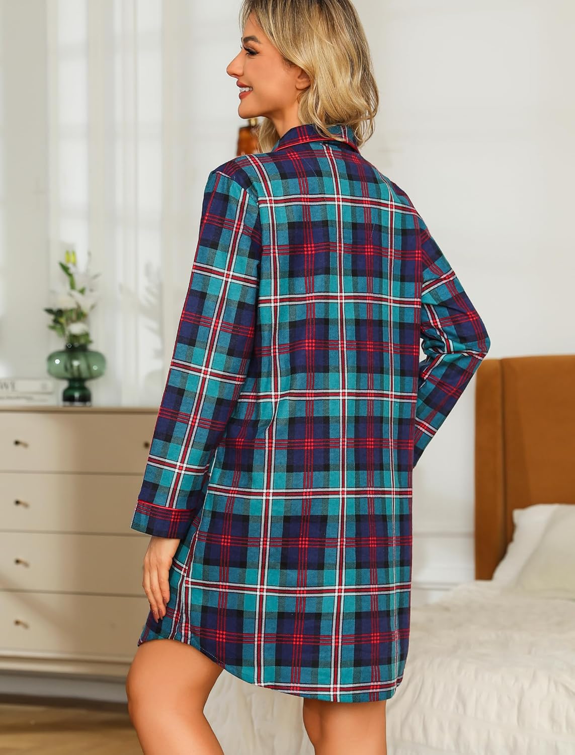 ENJOYNIGHT Women's Sleep Shirt Flannel Print Pajama Top Button-Front Nightshirt Sleepwear - Image 5
