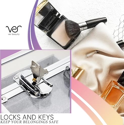Miniatura 6 de Ver Beauty Estuche organizador de cosméticos de acrílico blindado con bandejas extensibles y compartimento inferior, llave y cerradura, Silver