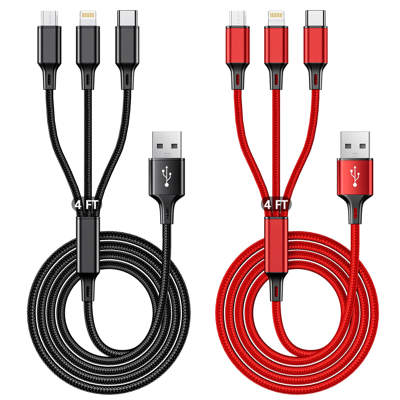 Multi Charging Cable, 4ft 2Pack Multi Phone Charger Cable Braided Universal 3 in 1 Charging Cord Extra Long Multiple USB Cable with USB C, Micro USB Port Connectors for Cell Phones and More（Red+Black）