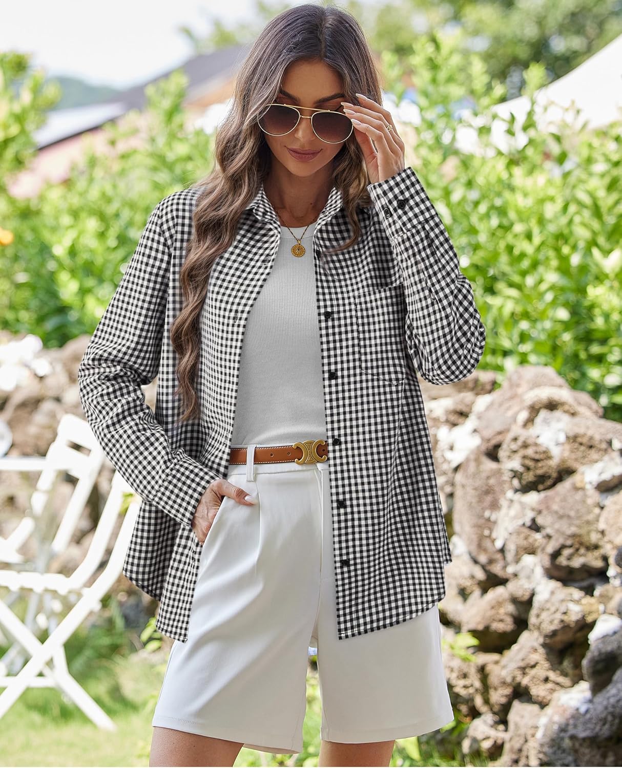 siliteelon Plaid Shirts for Women Gingham Top Button Down Long Sleeve Dress Shirts Cotton Casual Fitted Work Collared Blouse - Image 2