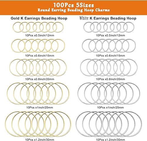 Miniatura 2 de 100 aretes redondos con cuentas, 5 tamaños para encontrar biseles abiertos, anillos de enlace, aretes de aro para manualidades, fabricación de