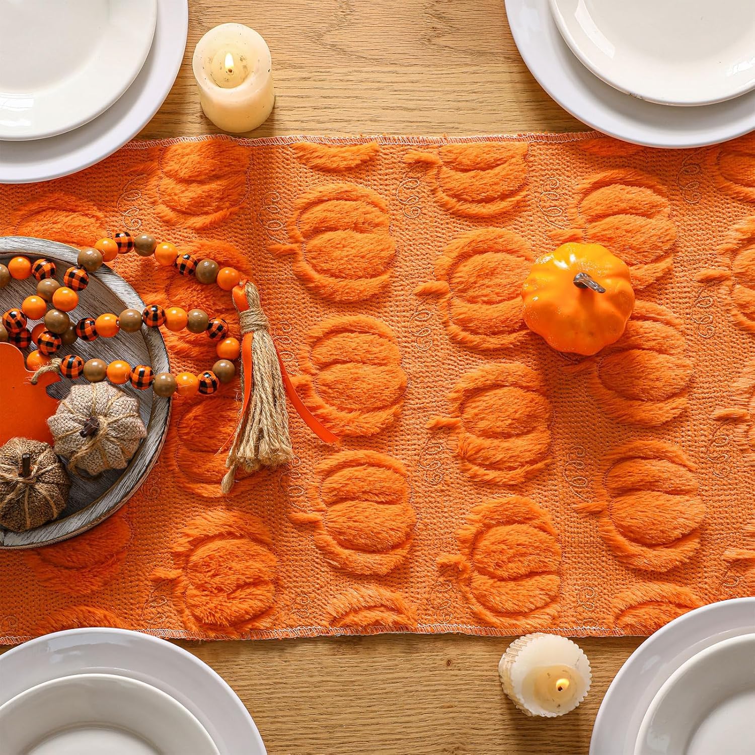 Chemin de table d'automne, décoration citrouille mignonne pour Thanksgiving, nappe en fausse fourrure douce, parfaite pour la récolte d'automne, la décoration de la maison, de la cuisine, 3