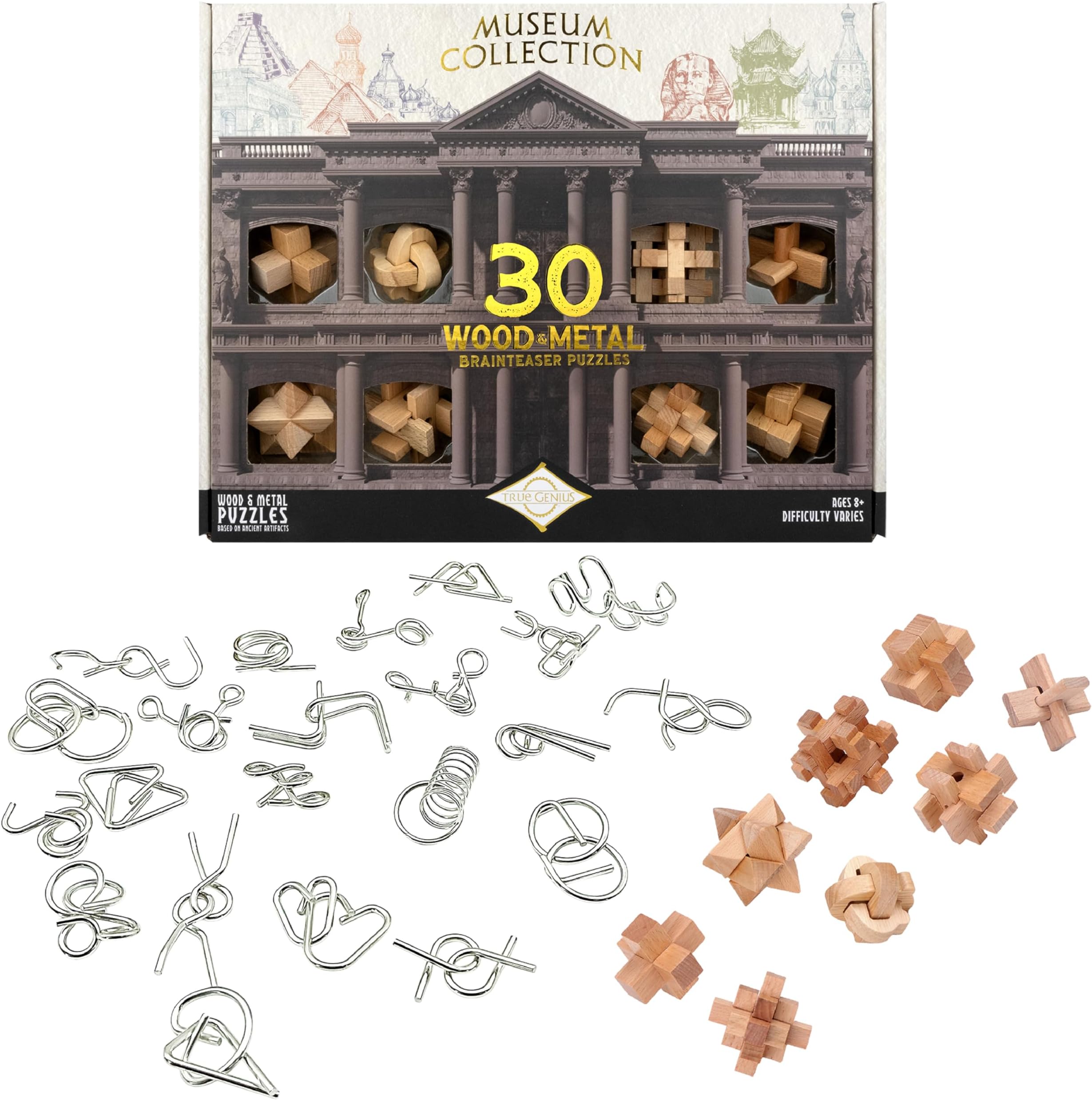 Project Genius Museum Collection Gift Set, 30-Pack of Wood and Metal Brainteasers, Beautifully Packaged Gift for Adults, Teens, and Kids 8+, True Genius Disassembly and Disentanglement Variety Pack