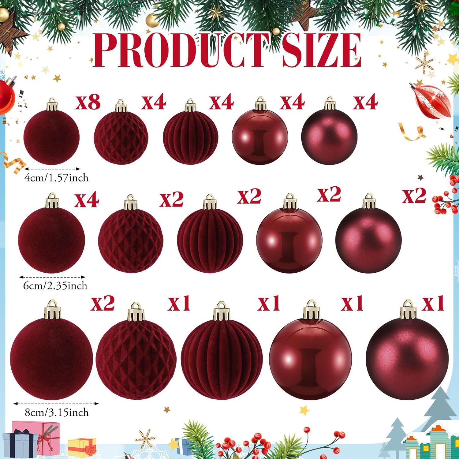 Soulchen 42 Pcs Velvet Christmas Ornaments Set Flocked Burgundy Christmas Ball Ornaments Hanging Shatterproof Xmas Ball Decor with 5 Styles in 3 Sizes for Xmas Tree Holiday Indoor Outdoor Home Decor - Image 2