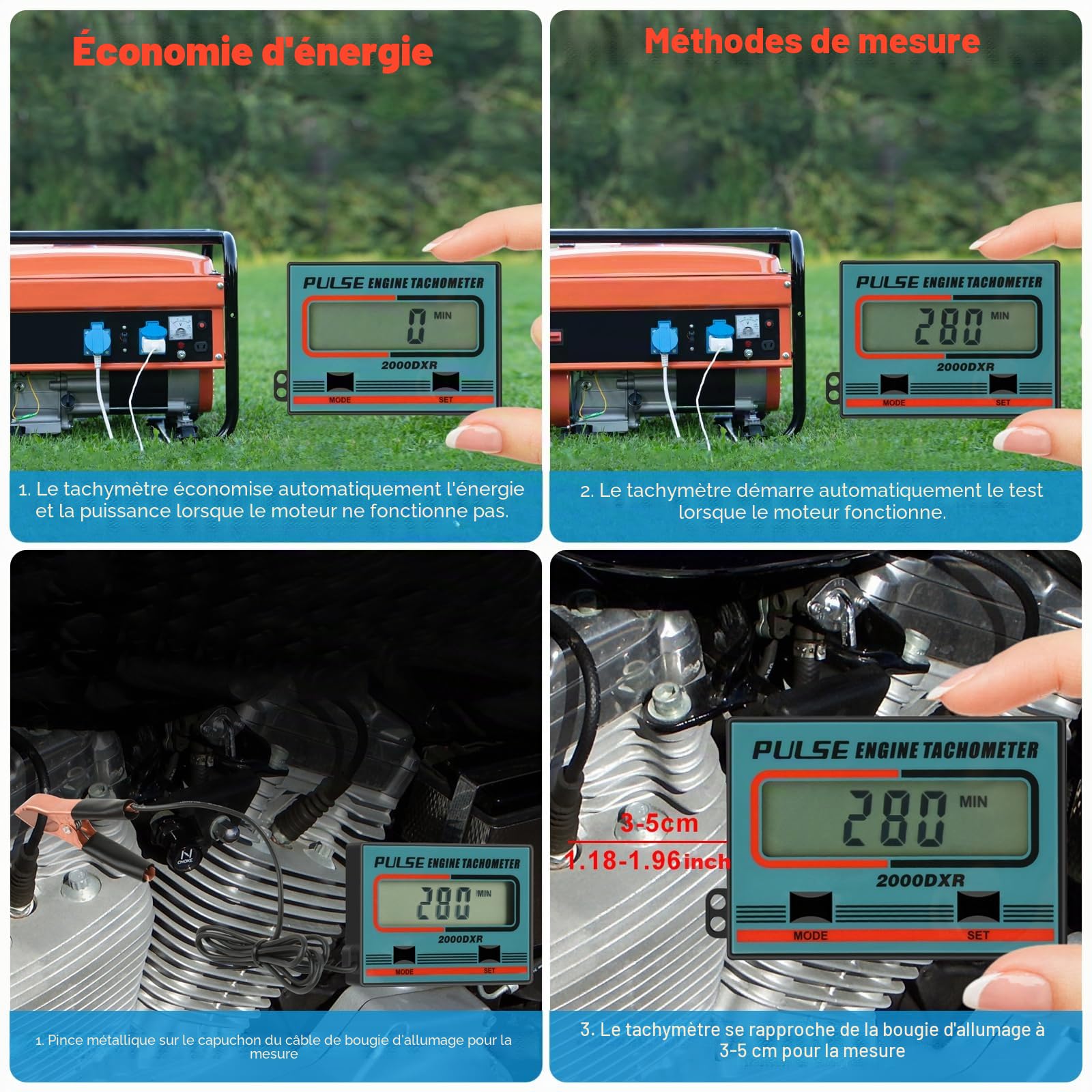 Compte Tour Moto, Tachymètre Numérique avec écran LCD, Adapté aux Tronçonneuses, Adapté aux Petits Moteurs 2 Temps/4 Temps, Moteurs à Essence et Tondeuses à Gazon, Minuterie en Minutes