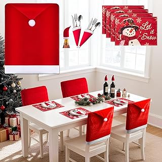 28PC Christmas Chair Cover,Red Santa Hat Chair Slipcovers for Christmas Holiday Festival Decoration,Santa Claus Chair Back Covers,4PC Table Runner and 20 Mini Santa Hats,Xmas Indoor Decor Ornament Set