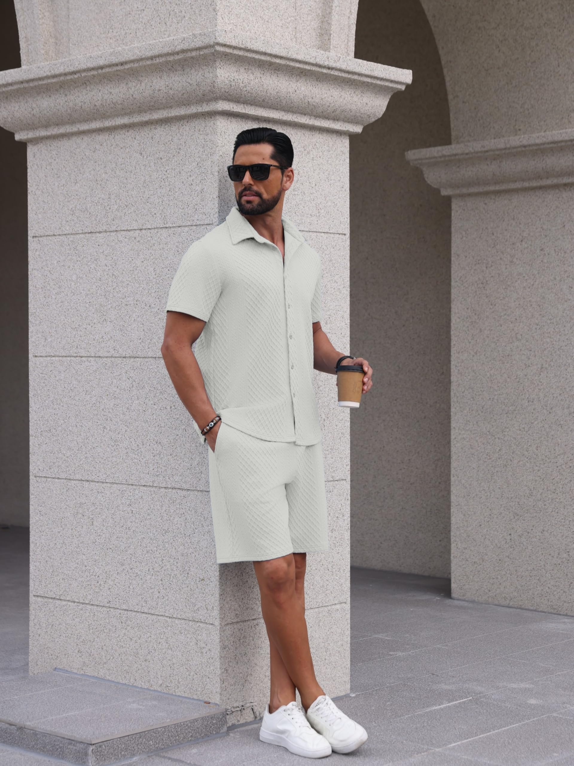 QIXING Conjunto deportivo de 2 piezas para hombre, conjunto de camisa y pantalones cortos de punto texturizado con botones y pantalones cortos, conjuntos casuales para vacaciones en la playa
