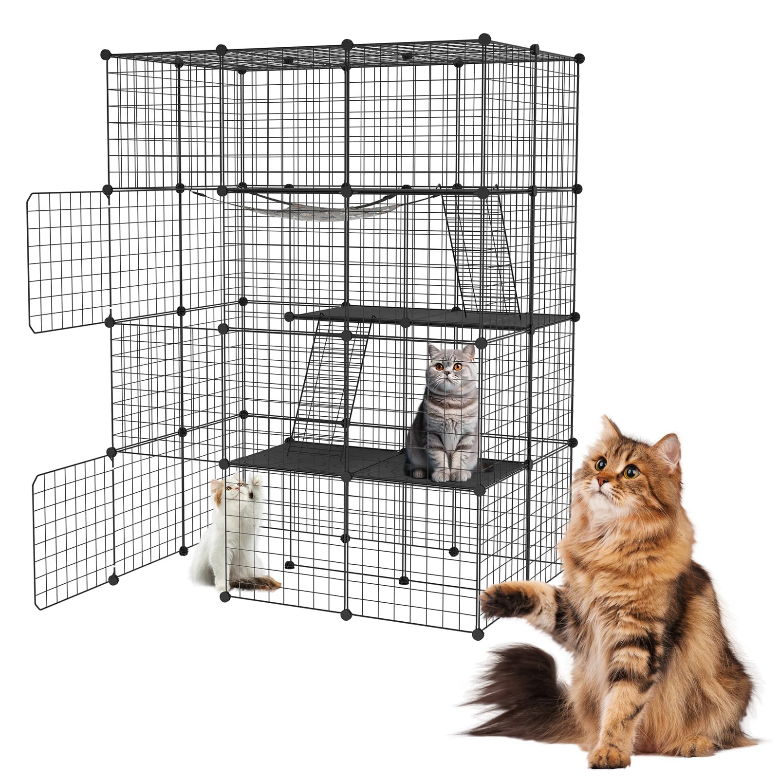 NAIZY Jaula para gatos de 4 pisos grande con hamaca, 146 x 110 x 74 cm, jaula de metal extraíble, parque para interiores y balcón