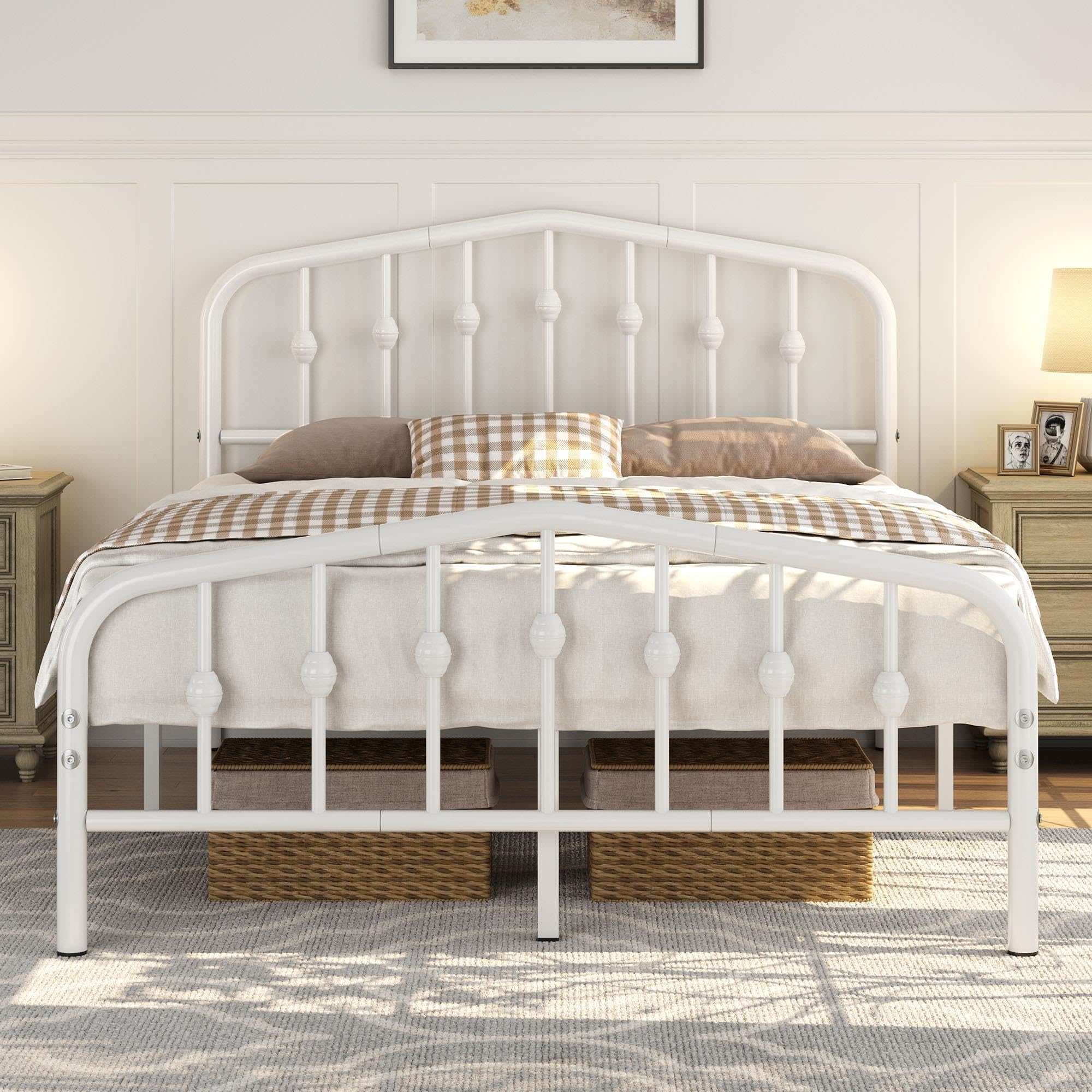 Yaheetech 4ft6 Double Bed Frames Metal slatted Bed Base with Crown-inspired Design Headboard/Spacious Under-bed Storage White Double Bed