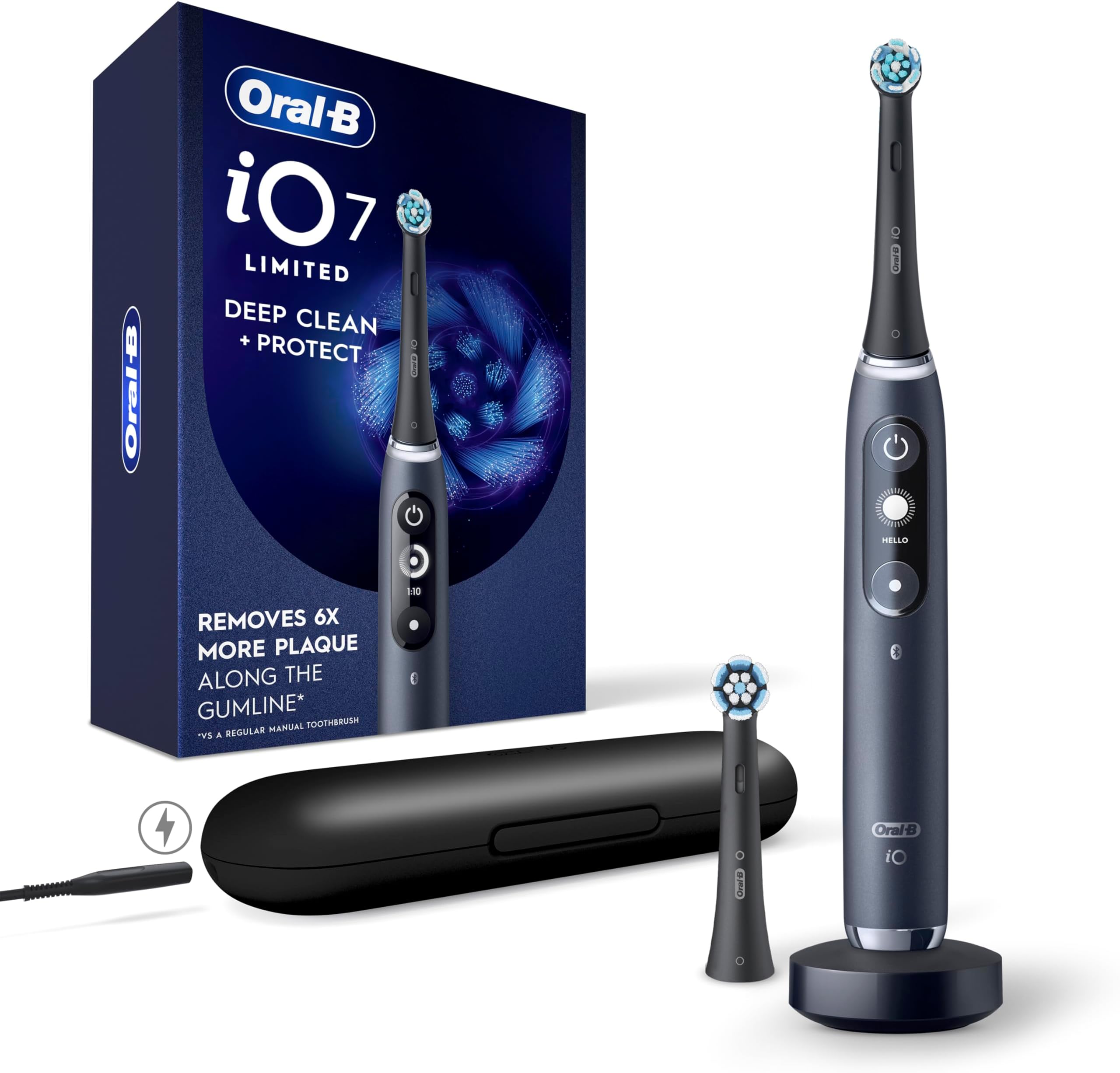 iO Deep Clean + Protect Rechargeable Electric Toothbrush, Black with a iO Series 7 Toothbrush, 2 Replacement Brush Heads, and a Charging Travel Case