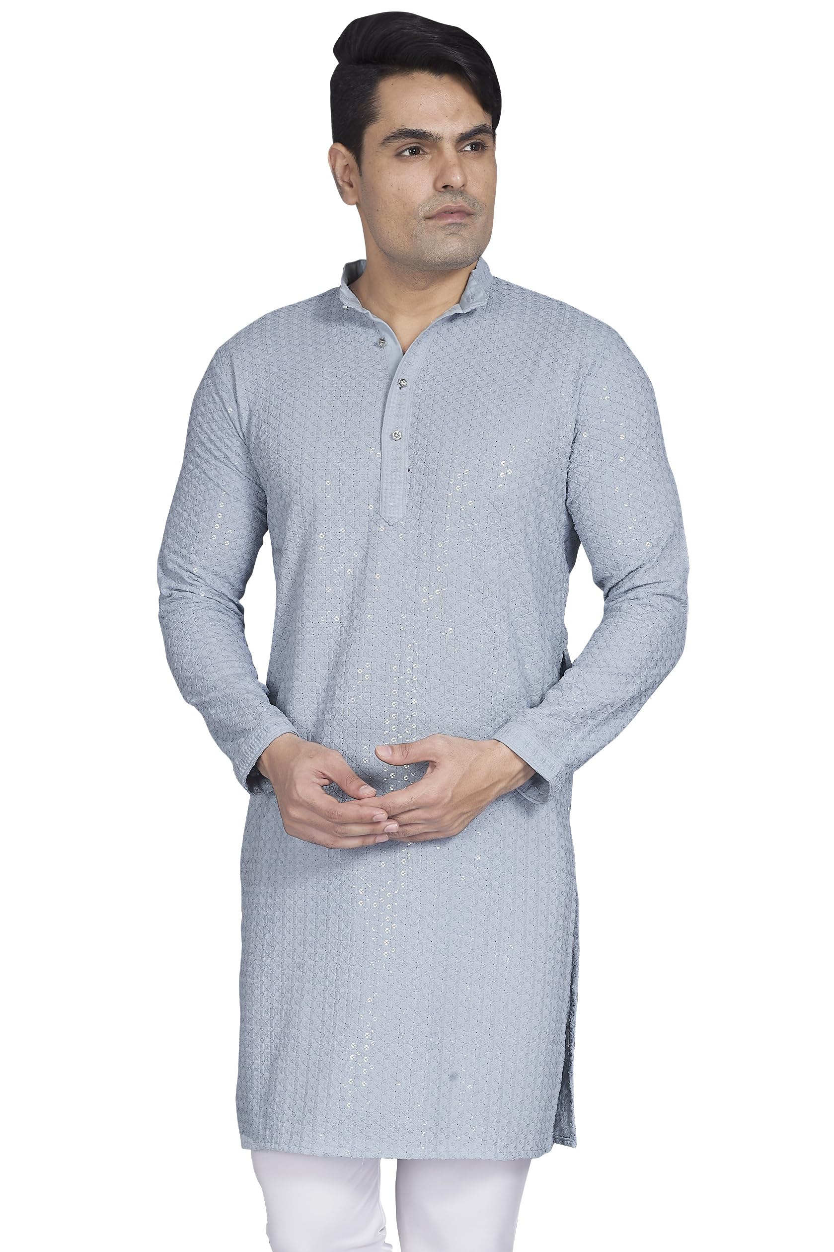 Divisive Men's Sequince Embroidered Cotton Blend Only Slim Fit Kurta (Dkrt750_L_Sky Grey)