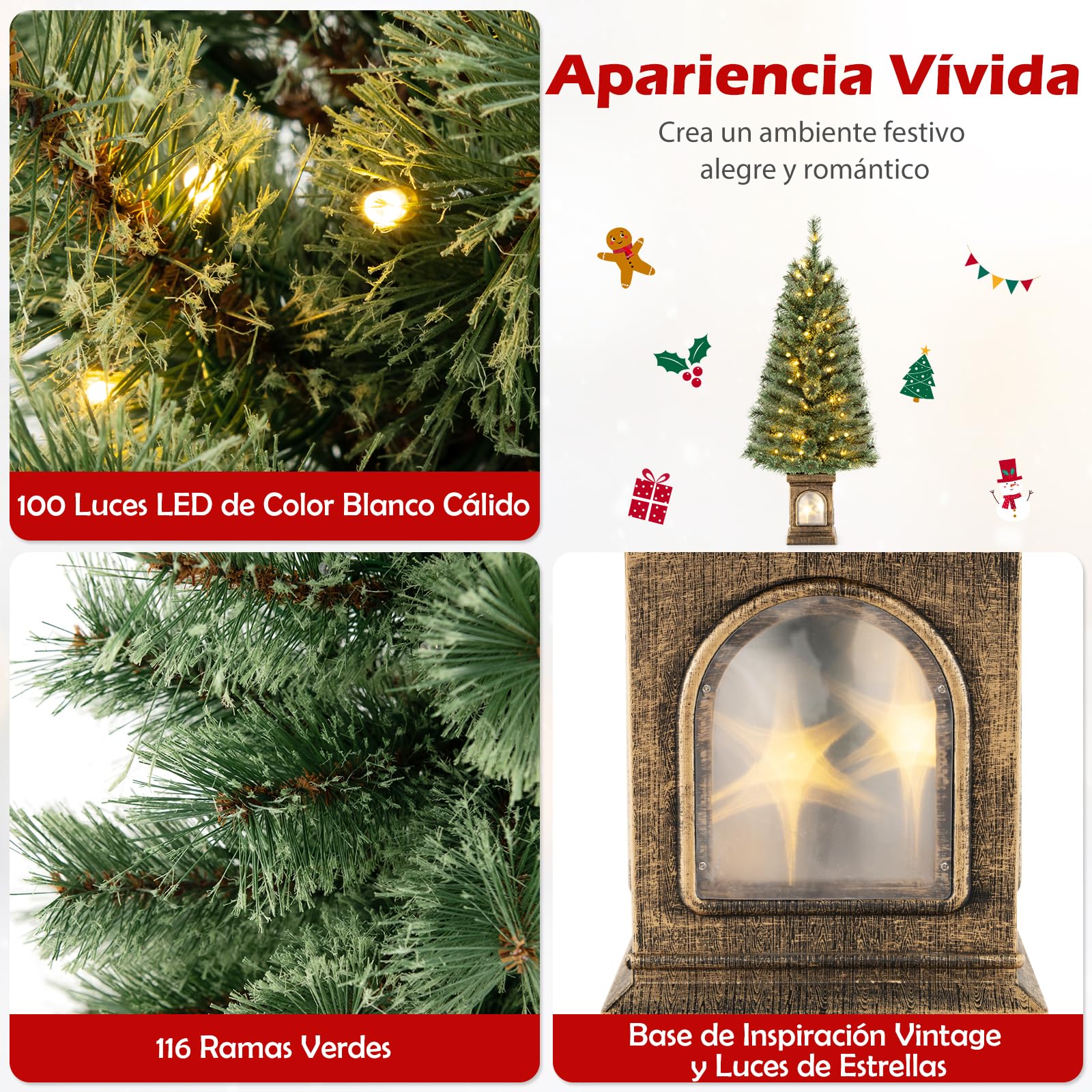 GYMAX Árbol de Navidad de 120 cm con 3 Modos de Transformación y 100 Luces LED, Árbol de Navidad con 116 Agujas de Abeto en Flor, Abeto con Base de Cemento (Estilo 1)