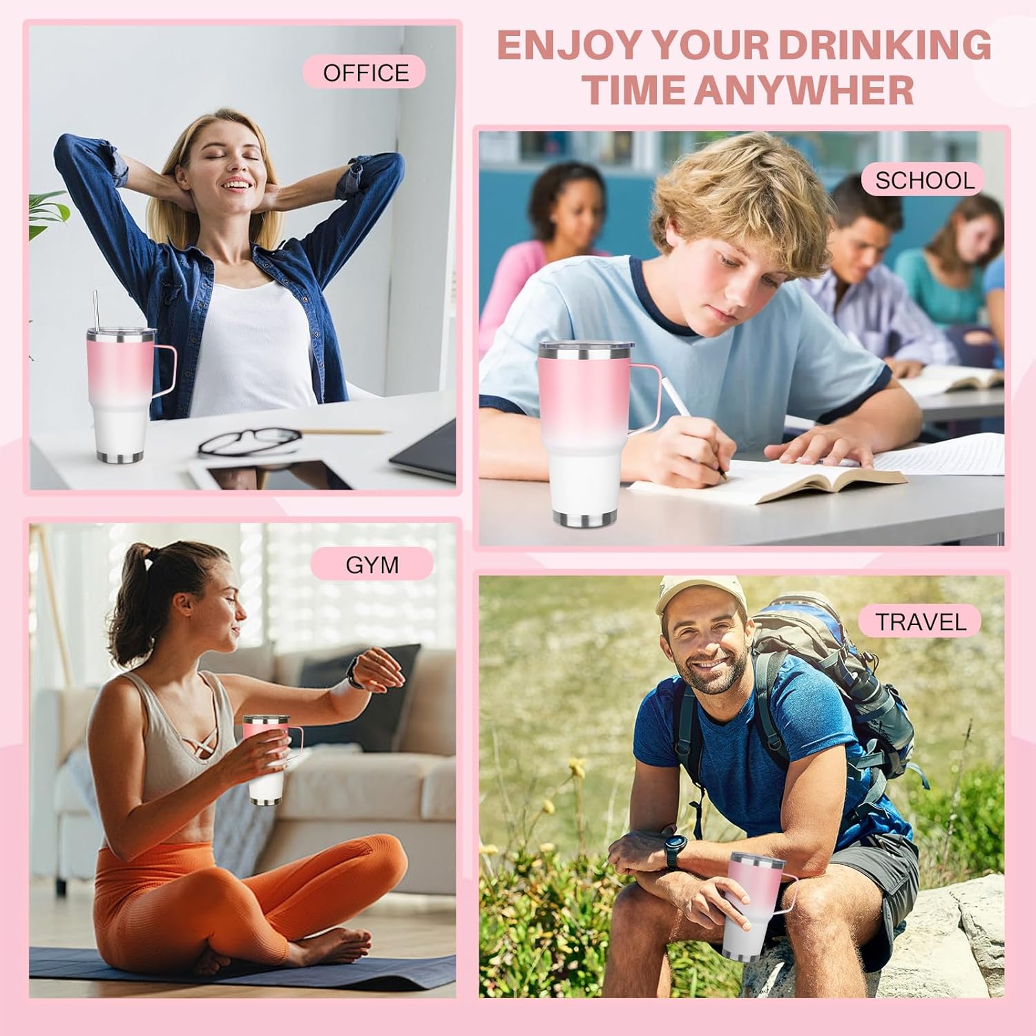 30 oz Stainless Steel Insulated Tumbler with Handle, Double Wall Vacuum Insulated Coffee Mug Tumbler, Thermal Cup for Cold and Hot (Pink White) - Image 7
