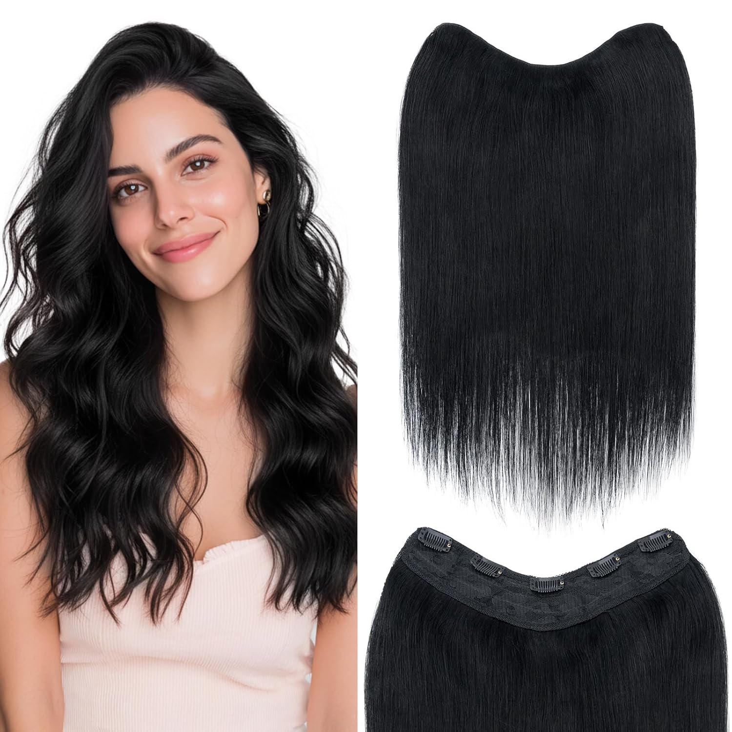 One Piece Clip in Hair Extensions 100% Real Human Hair 3/4 Full Head Hair with Upgraded V-Shaped Weft 5 Clips in Hair Extensions for Women, （16 Inch, #02 Dark Brown）