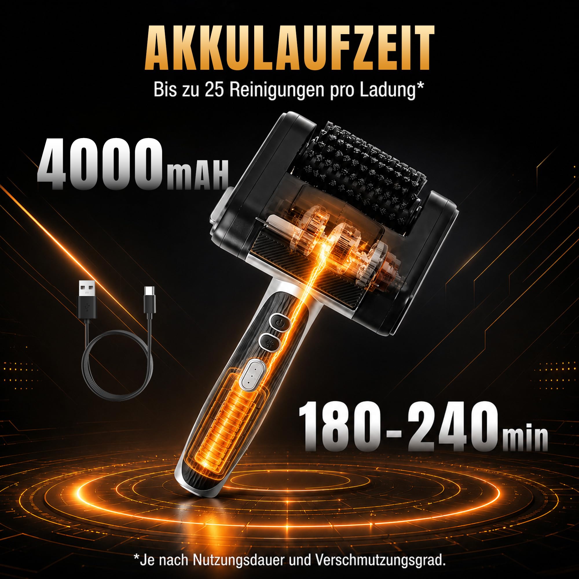 Elektrische Grillbürste Kabelloser mit LED-Licht & Führungsrolle, Schaber | 4000mAh Akku für 180-240 min Laufzeit, 500 RPM Hochleistung, BBQ Reinigungsbürste für Gasgrill Gussrost Elektrogrill