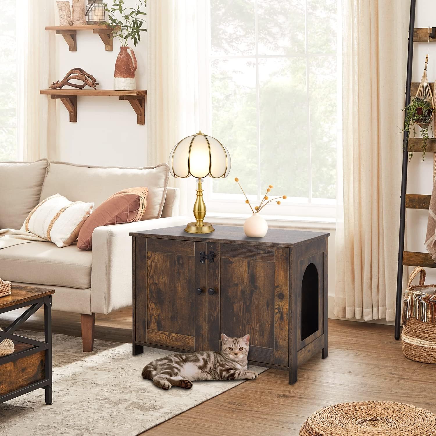 BLKMTY Cat Littler Box Enclosure, Wooden Cat Litter Box Furniture Hidden with Removable Divider & Reversible Entrance, Cats Washroom Cats House with End Table, Brown
