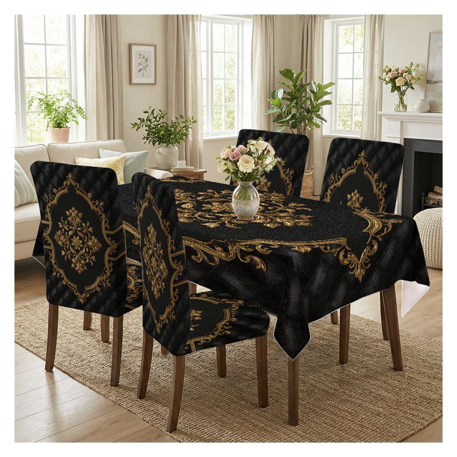 BOSUYBN Black Gold Baroque Floral Dining Tablecloth & Chair Covers Set, 5/7 Piece Luxury Vintage Elegant Home Decor Table Setting(5pcs Set: Tablecloth+Chair Covers)
