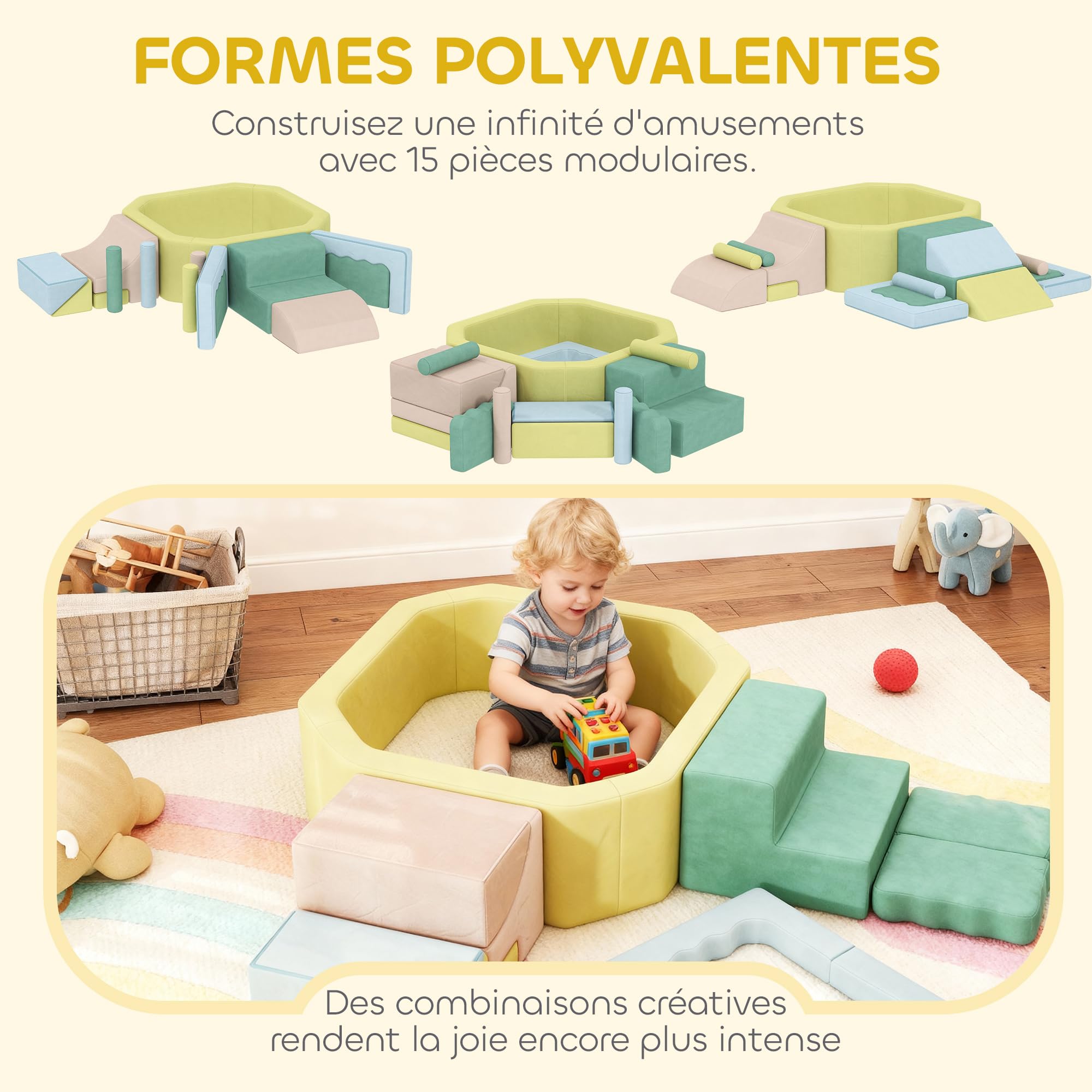 AIYAPLAY 15 PCS Parco Giochi per Bambini in Schiuma con Piscina di Palline, Modulo di Gioco con Rivestimento Lavabile e Rimovibile, Morbido Angolo di Gioco dai 3 Anni in Su, Multicolore