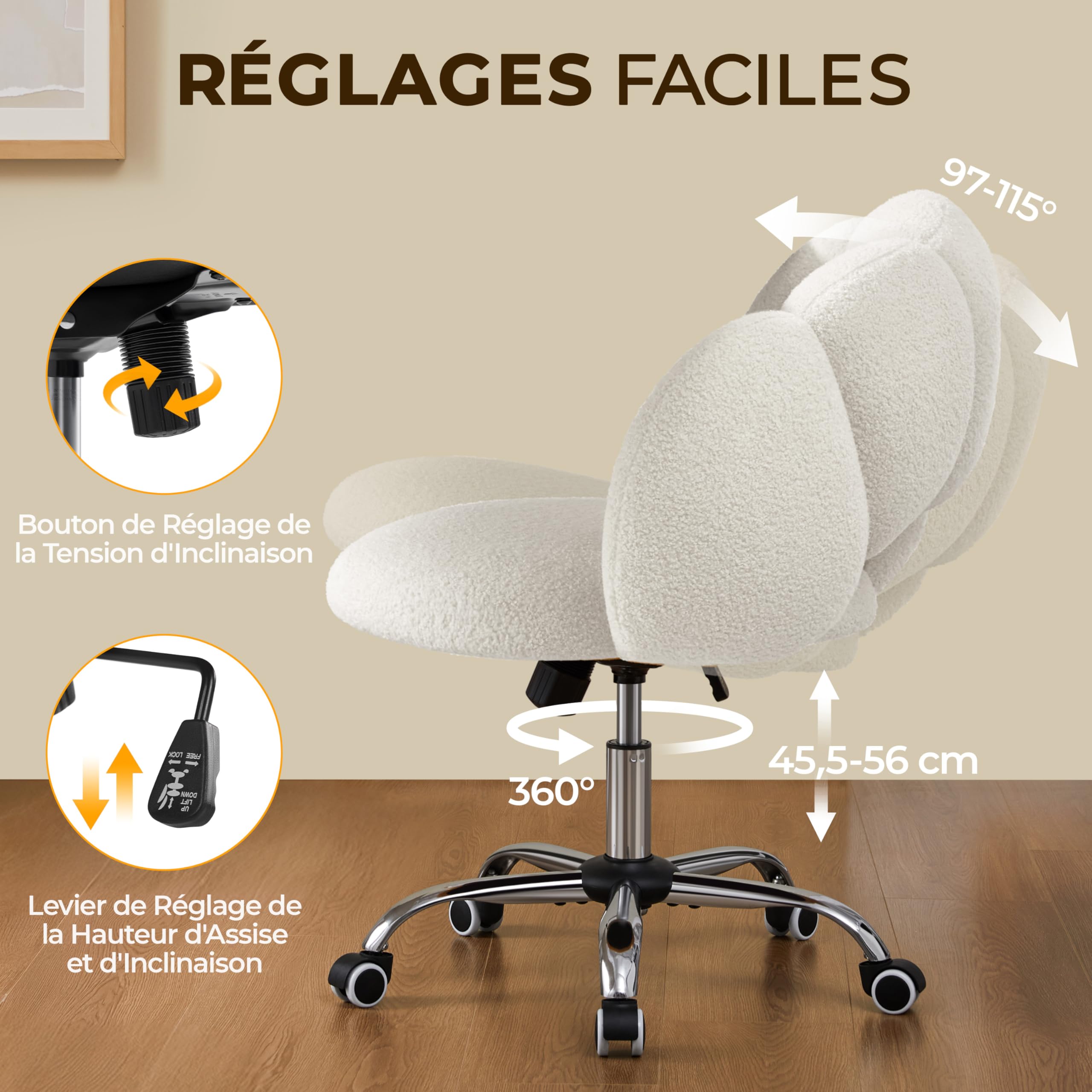 Yaheetech Chaise de Bureau Coiffeuse Pivotante avec Dossier Confort en Nuage Hauteur réglable Fauteuil Maquillage Respirant pour Bureau, Salon, Chambre Capacité 136 kg Blanc Bouclé