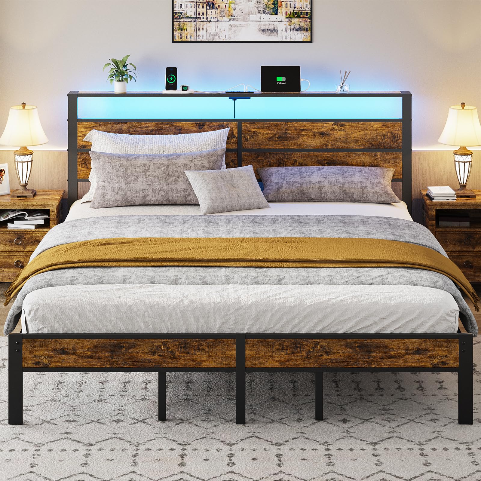 King Size Bed Frame with Storage Headboard LED Lights USB C Charging Station Heavy Duty Metal Platform No