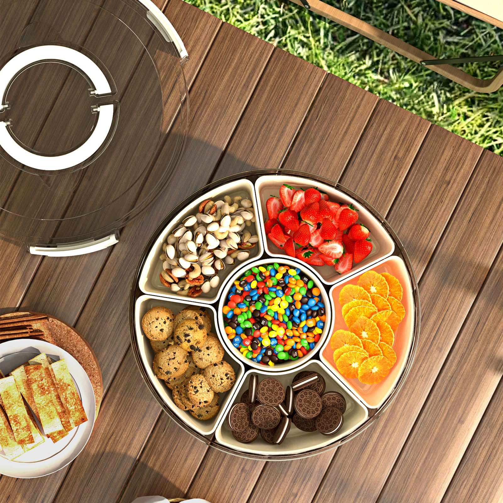 Plateau de service rotatif divisé avec couvercle et poignée, récipient alimentaire portable avec 6 compartiments – Parfait pour les repas, les collations et les voyages – Design facile à