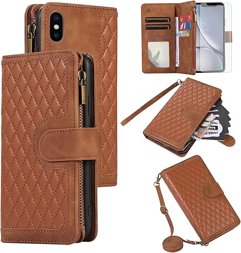 Asuwish Funda de teléfono para iPhone Xs X 10 10s Funda tipo cartera con protector de pantalla de vidrio templado y correa para la muñeca con