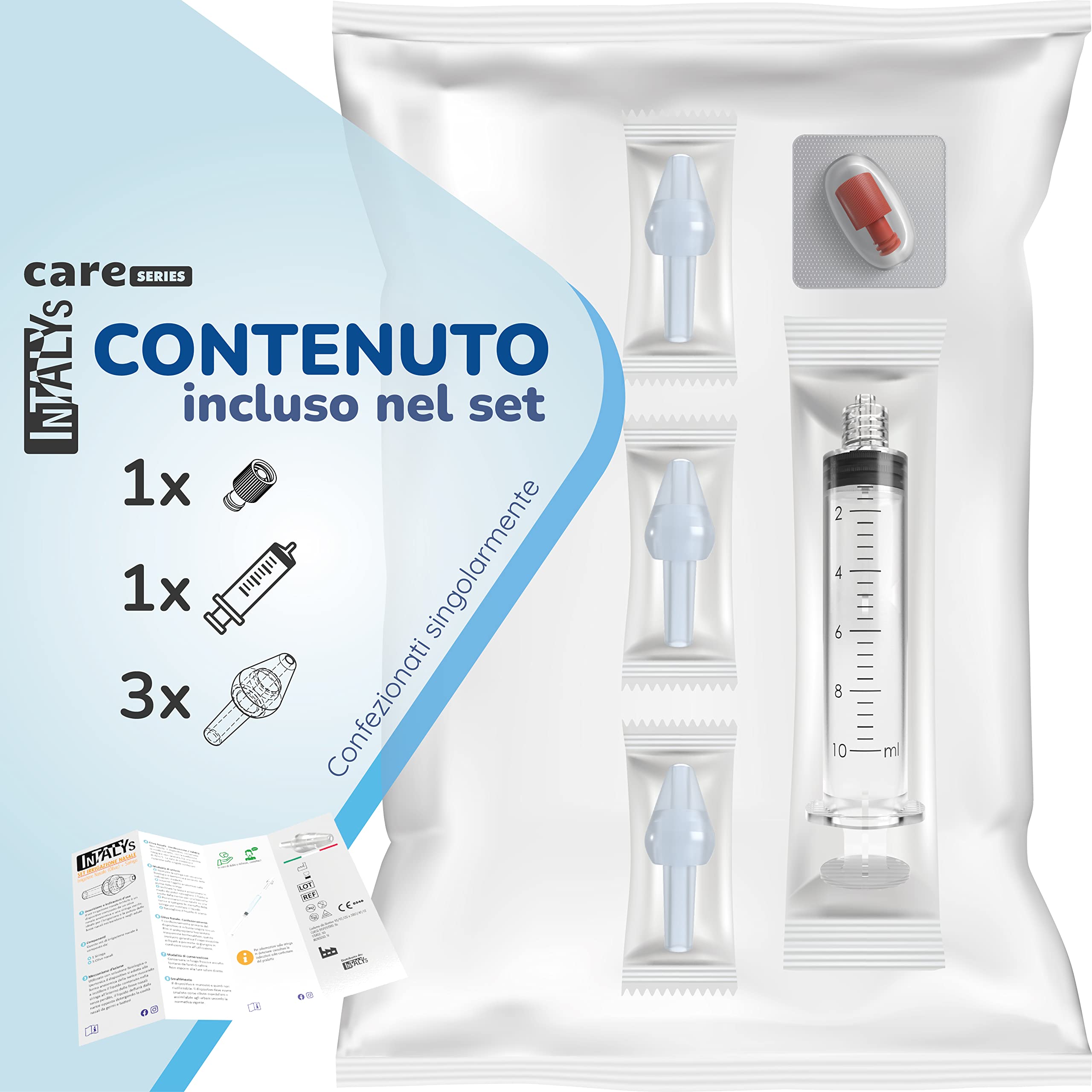 Rino Set Lavaggio Nasale Bambini e Adulti, Kit Pulizia Naso Made in Italy con Siringa e Irrigatore per Soluzione Fisiologica (1 Siringa, 3 Olive)