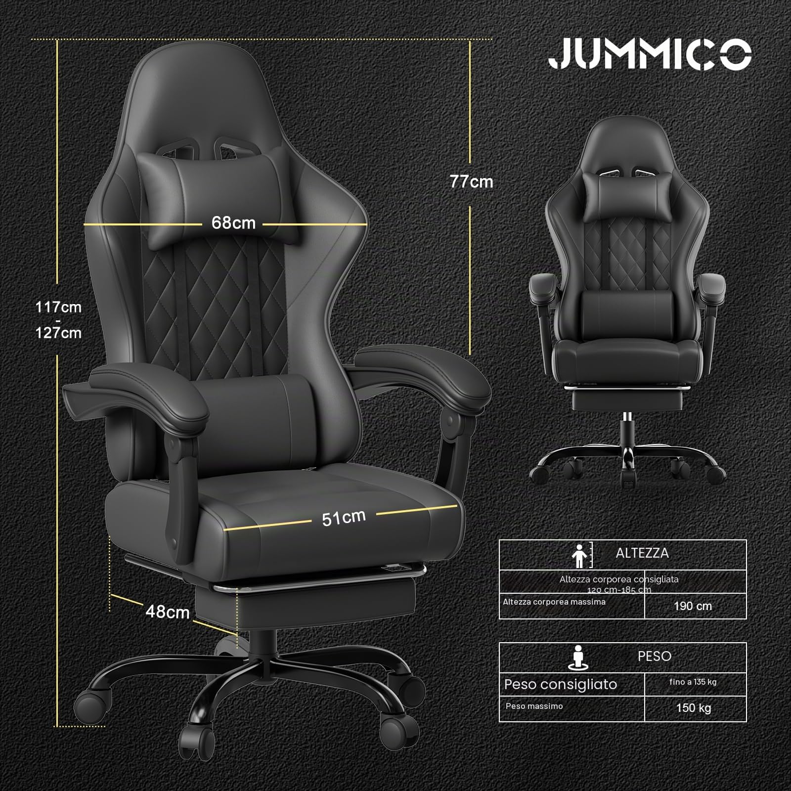 JUMMICO Sedia da Gaming Massaggiante con Poggiapiedi Telescopico, Sedia Gamer con Cuscino Lombare & Poggiatesta, Ergonomica Sedia da Ufficio Schienale Regolabile, Portata 150 kg (Nero)
