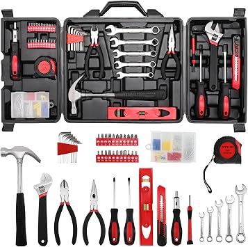 TLGREEN 95 Piece Tool Set+TLGREEN 147 Pieces Tool Set, Tool Kit, Mechanics Tool Set, Portable Toolbox with Adjustable Wrench Pliers Socket Bits, with Plastic Toolbox, for House Apartment Garage (Red)