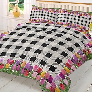 Sabolny Rustic Black Plaid Queen Duvet Cover Set,Washed Soft Microfiber Bed Comforter Quilt Cover with Ties/Zipper,Spring Red Purple Pink Tulip Floral Flower Patterned Textured Bedding Duvet-Covers