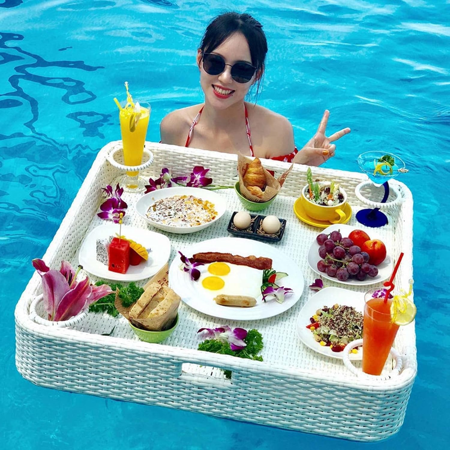 Swimming Pool Floating Tray Floating Tray, Square Hand-Woven Storage Tray, Decorative Tray, Suitable for Outdoor Swimming Pools of Homestays and Hotels, White