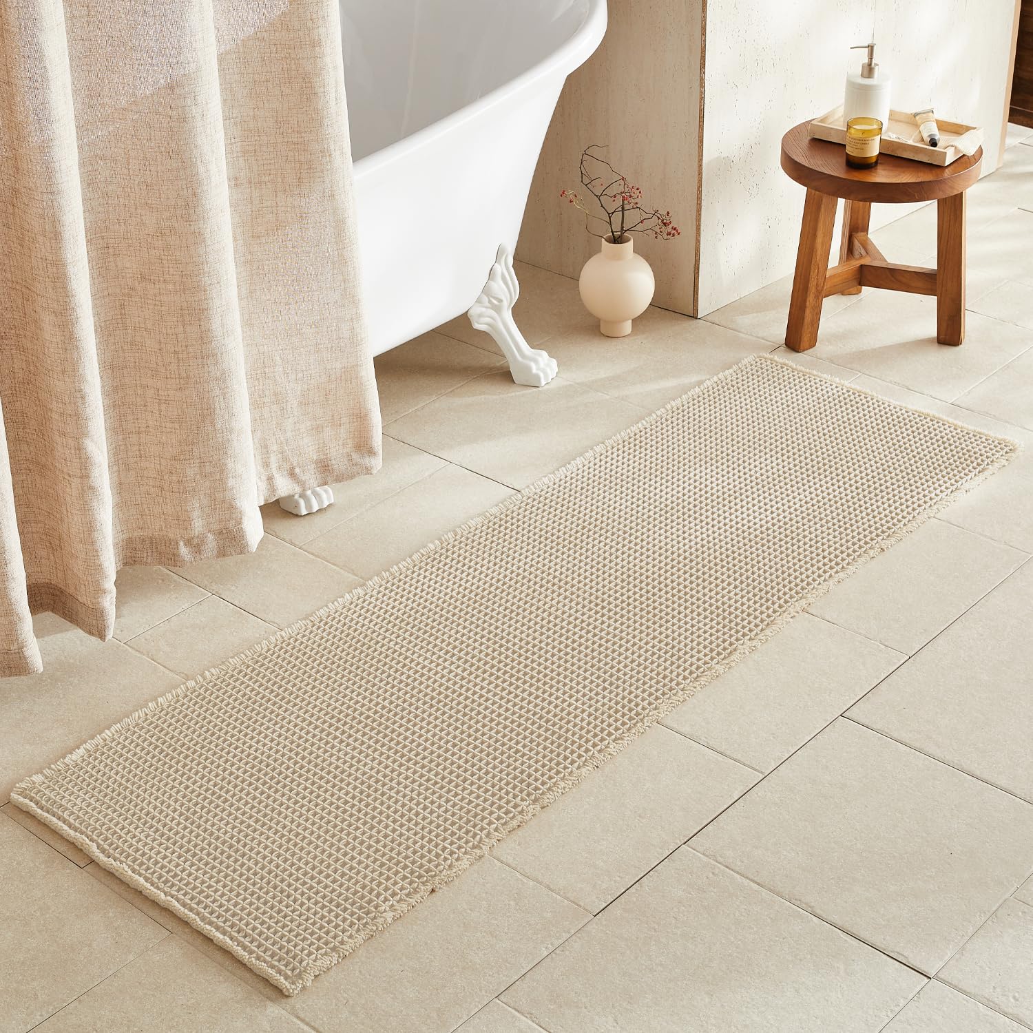 TYUU Pale Beige Long Bathroom Rug, Waffle Runner Rug Bathroom Non Slip Washable Super Absorbent Quick Dry Boho Farmhouse Bath Mat, 72''x24'' Pale