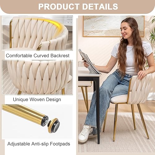 Miniatura 6 de Kiztir Juego de 4 sillas de comedor de terciopelo modernas tapizadas con respaldo tejido y patas de metal dorado para sala de estar, dormitorio,