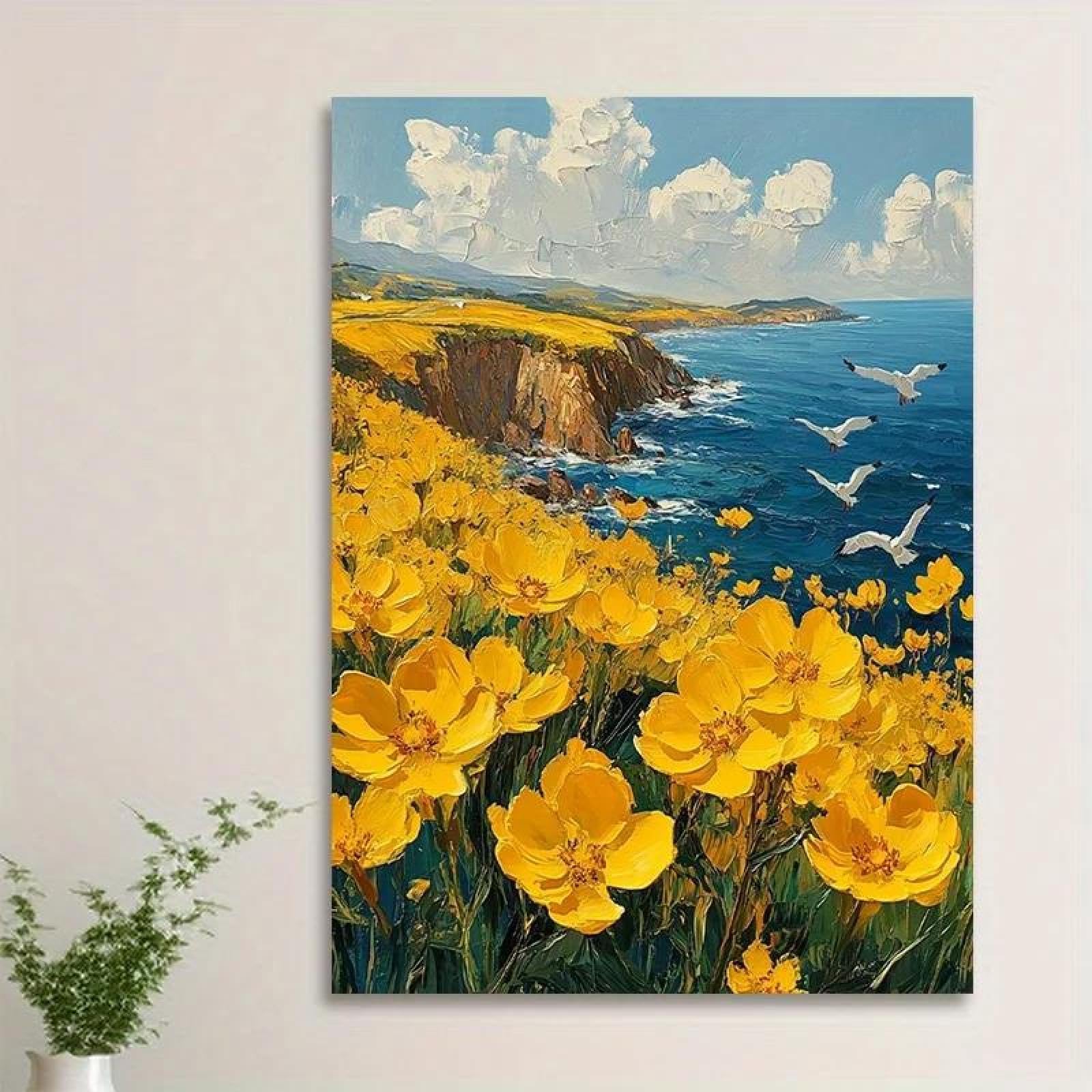Yocheng Vibrant Coastal Canvas Wall Art Print - Seagulls Flying Over Blooming Flowers & Ocean Cliffs 21x30cm No Frame
