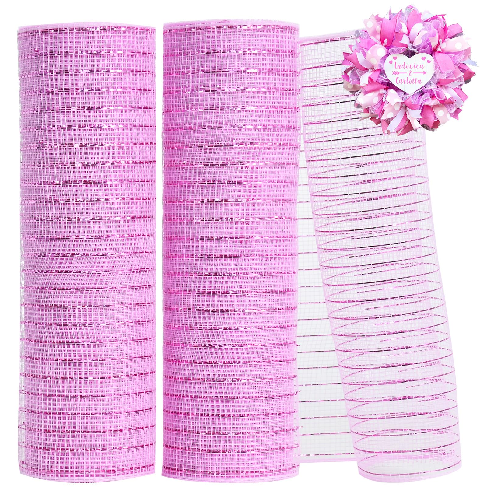 TONIFUL 2 Rolls 10 Inch Pink Decorative Mesh Ribbbon Rolls, Fabric Mesh with Foil for Wreath Supplies, Front Door Wreath Crafts Tree Decor Christmas
