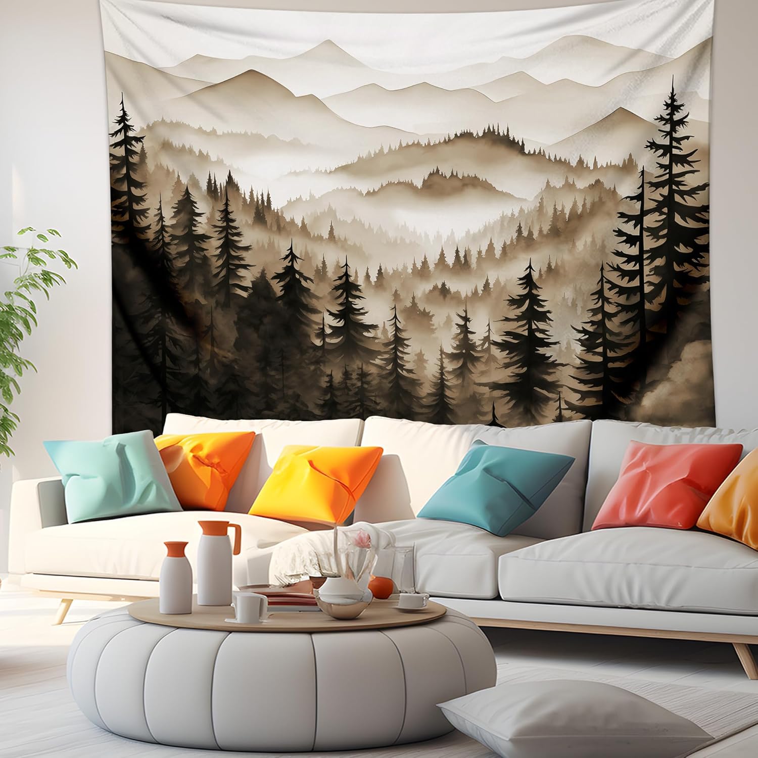 QGHOT Misty Forest Tapestry, Nature Mountain Tapestry Wall Hanging Dark Brown Watercolor Landscape Wall Art for Bedroom Living Room Decor 90.6"x70.9"