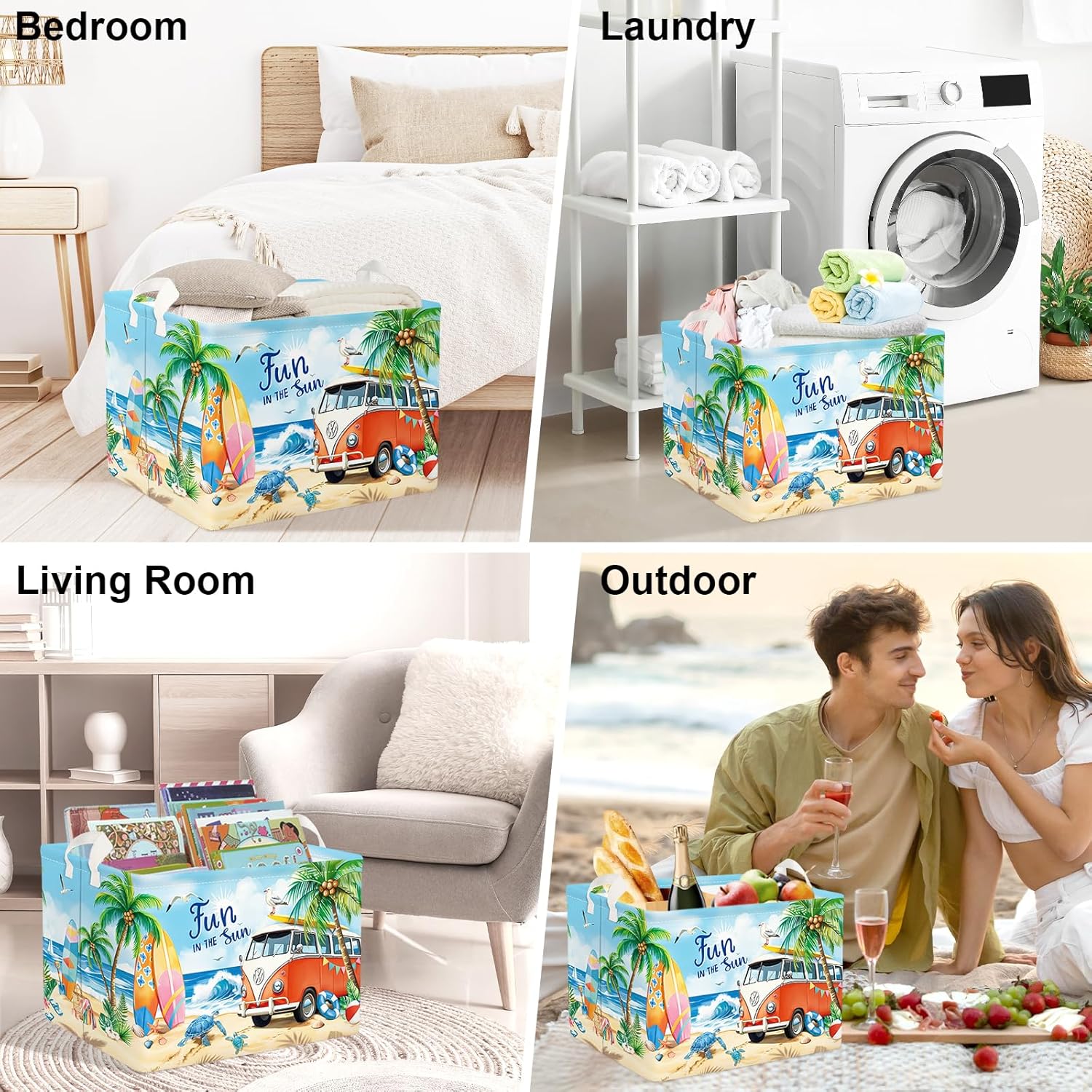 Clastyle Blue Beach Camping Picnic Basket Tropical Tree Caravans Shower Gift Storage Basket Outdoor Pool Seaside Towel Blanket Clothes Toy Bin, Surfing, 40x30x30 cm