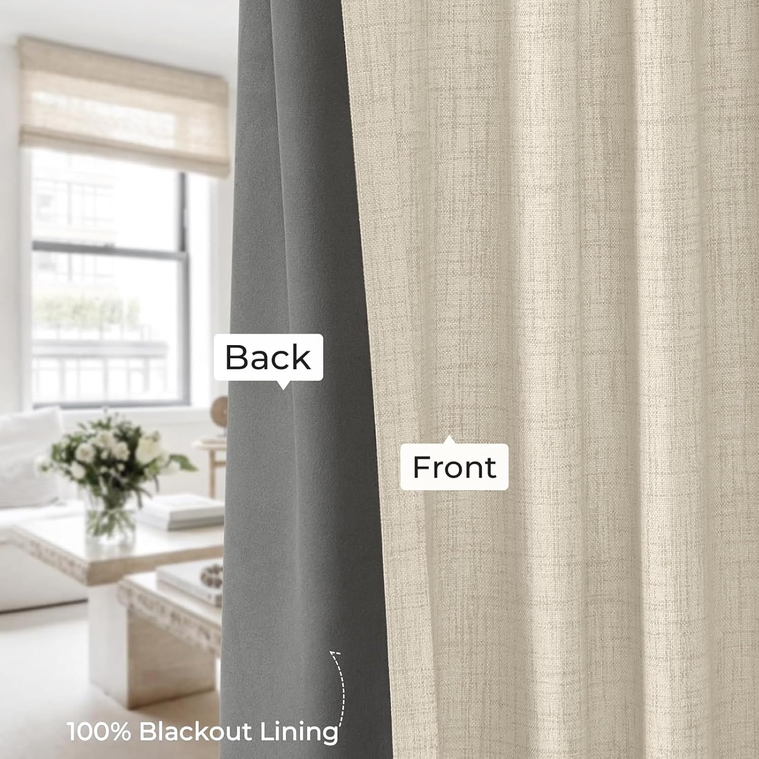 INOVADAY 100% Blackout Curtains for Bedroom, Thermal Black Out Curtains, Back Tab/Rod Pocket Linen Blackout Drapes, Room Darkening Drapes for Living Room, 52''W x 120''L, Natural