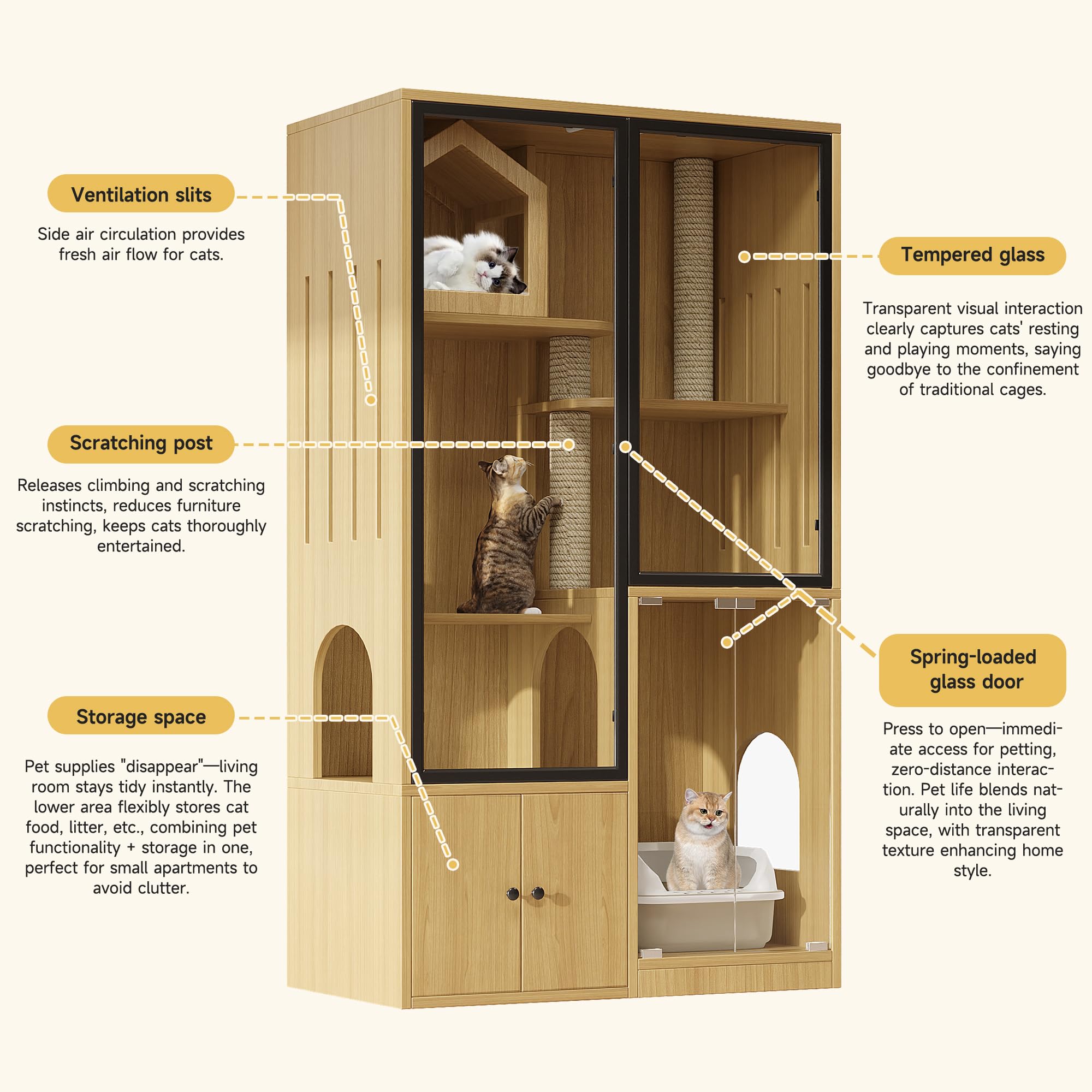Grande casa per gatti in vetro a 4 piani - Villa per gatti in legno con tiragraffi, resistente alle intemperie e all'inverno - Per interni ed esterni - Colore legno di acero giallo - 90