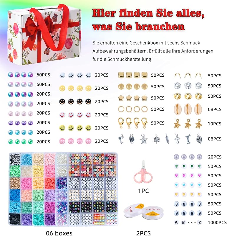 SJZWSD Gyöngy Készlet Karkötő Készítéshez - 16000 db Polimer Agyag és Üveg Gyöngy, 6 Dobozos DIY Ékszerkészítő Szett Betű Gyöngyökkel