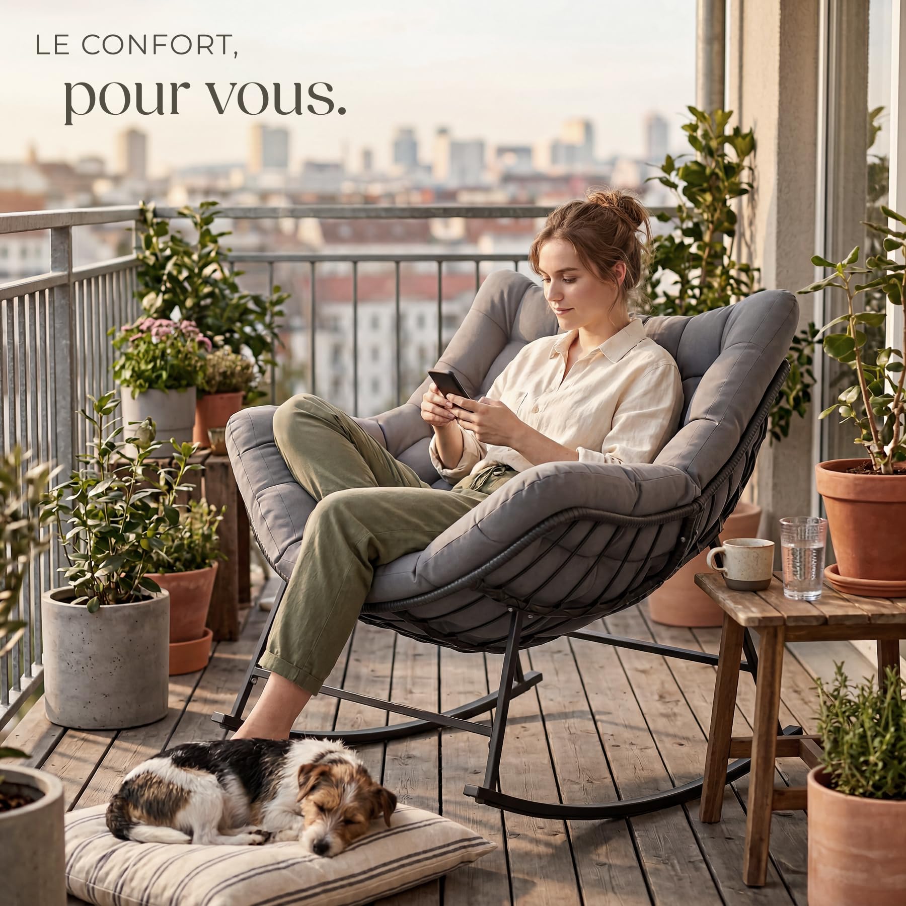 tectake® Fauteuil à Bascule 93x99.5x89 cm, Rembourrage épais avec Motif matelassé, Résistant aux intempéries, Max. 120kg, Structure en Acier, Assise en rotin tressé, Rocking Chair - Gris Anthracite