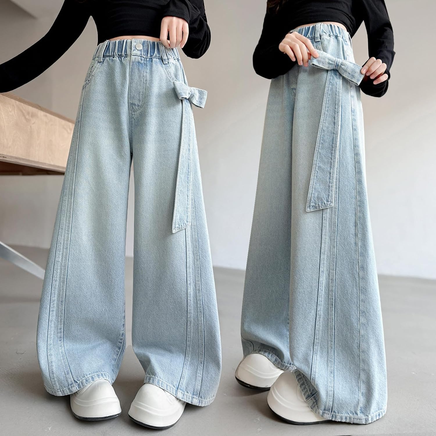 Jeans for Girls Wide Leg Bow Decor Y2k Denim Pants High Waisted Trendy